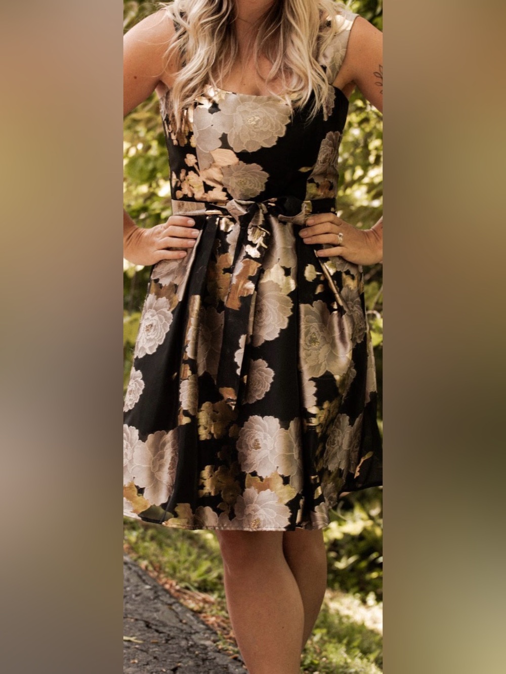 Gold and Black Floral A-Line Midi Skirt with Gold and Cream Flowers